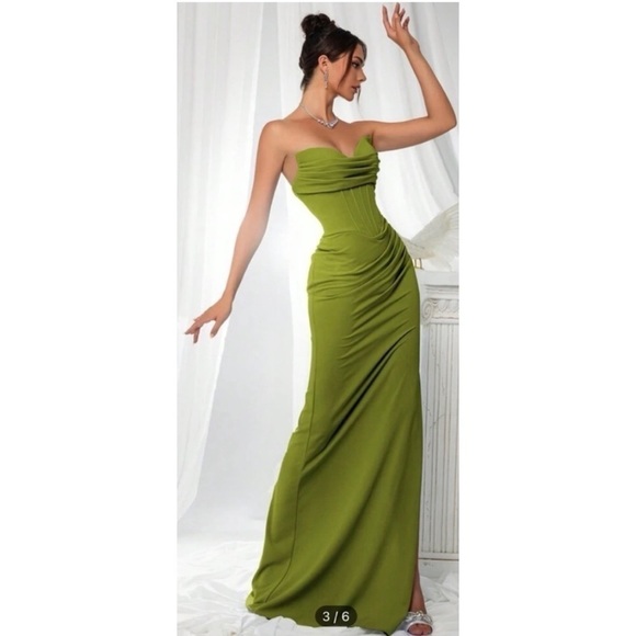 Vipgirl Olive Green Strapless Slit Corset Evening Gown Long Maxi Dress Size XL - Picture 2 of 12